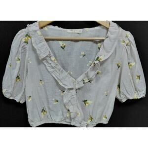 molly green Floral Blouse White Short Sleeve V-Neck Women Size M